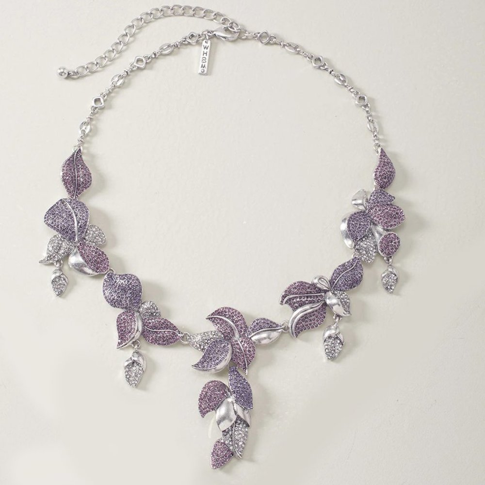 WHBM Pavé Rhinestone Statement Necklace Purple Lavender Silver 3D Flowers